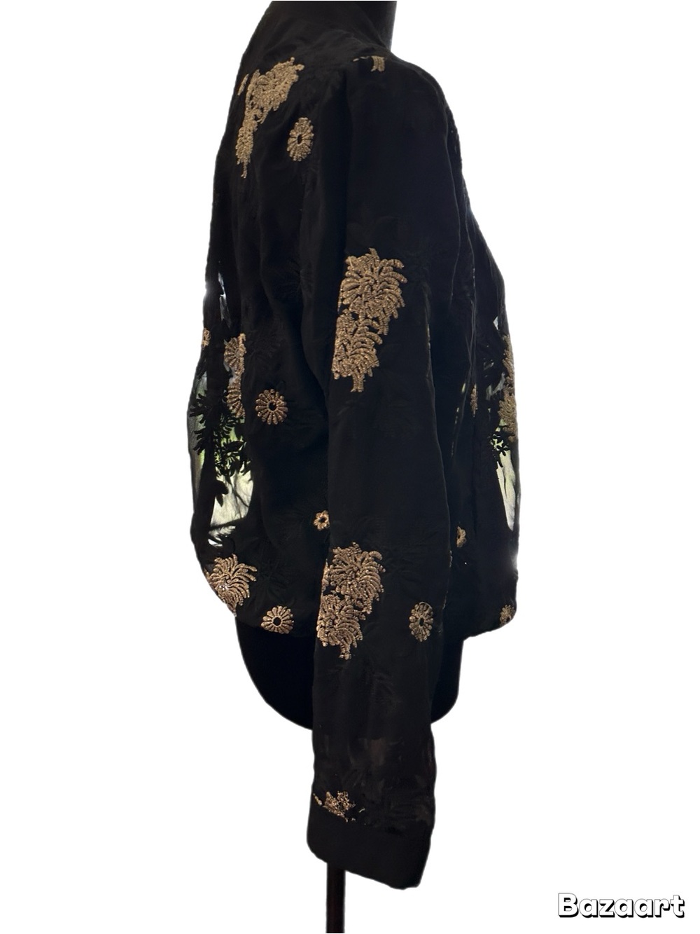 Sans Souci Black Sheer Bomber Jacket with Gold Floral Embroidery - Picture 2 of 9